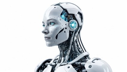A cybernetic humanoid with a thoughtful look, advanced AI processing visualized through holographic projections, isolated on a white background