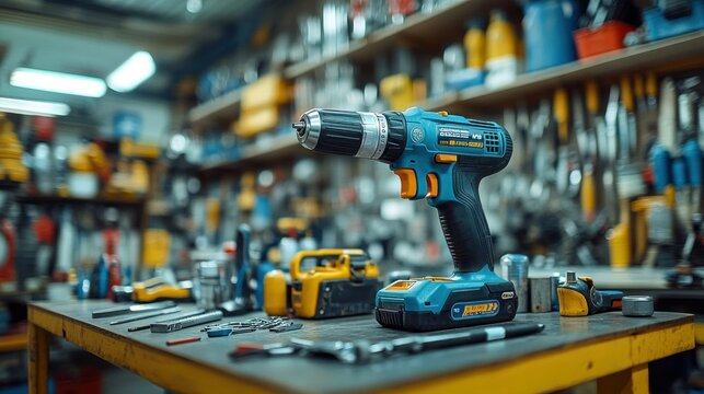 Drill on workbench in workshop, tools background