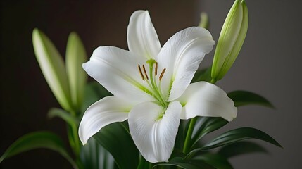Fototapeta premium White Lily With Green Leaves On Dark Background