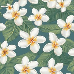 Obraz premium Plumeria flowers and tropical leaves seamless pattern
