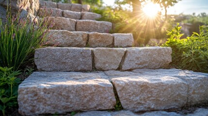 Stone Steps With Sun Flare, Landscaping Plants On Either Side. Outdoor Living, Garden Design, Hardscaping Concept.
