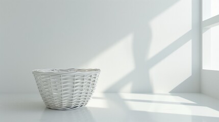 Fototapeta premium A white storage basket placed on a smooth white floor with no contents.