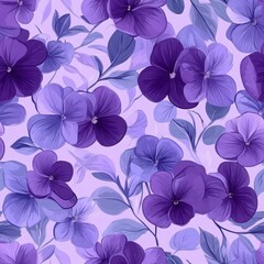 Obraz premium purple flowers seamless pattern. The pattern features detailed violet blossoms with green leaves, on a soft lavender background. The floral pattern is ideal for fashion, textile, home decor.