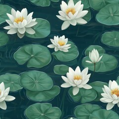 White water lilies floating serenely on a dark teal pond. Lush green lily pads surround the blossoms, creating a tranquil scene.