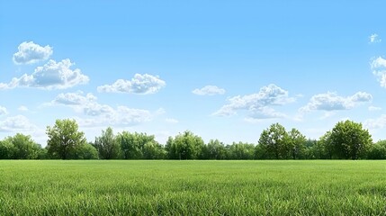 Fototapeta premium Lush Green Field With Trees Under Blue Sky And White Clouds