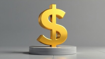 Shiny golden dollar sign standing on white pedestal representing wealth and success