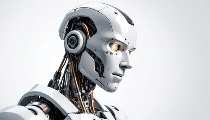 Fototapeta premium A highly detailed robotic figure with a worried expression, slightly tilted head and dynamic lighting effects, ultra-modern design, isolated on a white background