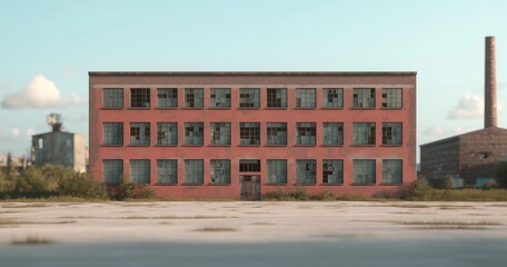 Fototapeta premium Abandoned industrial site shows broken windows and decay, surrounded by overgrown grass and remnants of the past