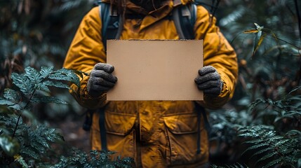 Hiker Holding Blank Cardboard Sign on Eco Friendly Forest Trail