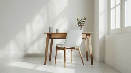 A wooden writing desk with a simple white chair, isolated on a white floor.