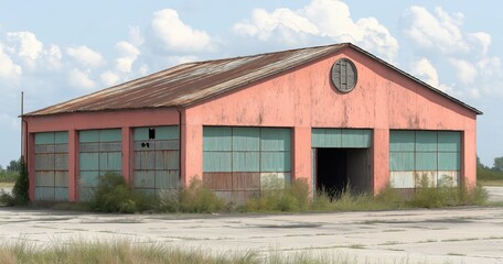 Obraz premium Derelict building with a vibrant facade stands in ruin, surrounded by overgrown grass under a cloudy sky