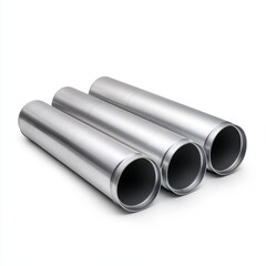 Fototapeta premium Three cylindrical stainless steel tubes stacked in an isolated studio setting with a white background