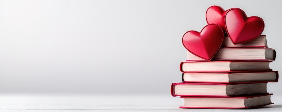 A stack of books topped with red hearts, symbolizing love for reading and knowledge.