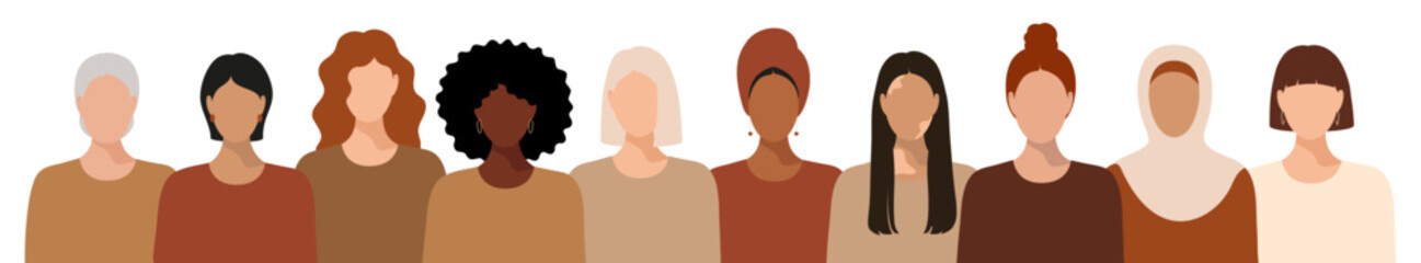 Banner with group of faceless women of different skin color, nationality, religion. International March 8. Accelerate Action. National Equality Women's Day, USA. Flat transparent vector EPS 10
