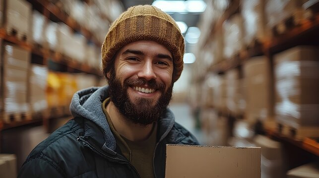 Smiling Delivery Driver Holding Blank Cardboard Sign in Warehouse