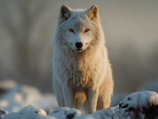 Obraz premium a white wolf standing in a field with tall, dry grass. The wolf has a thick, white coat and is gazing directly at the camera. The background is slightly blurred, with a hazy, foggy atmosphere.