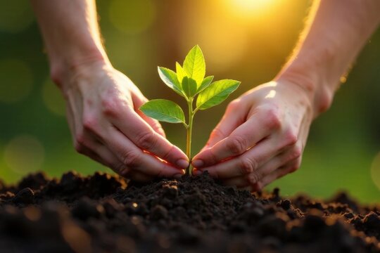 Small Plant Into The Ground - Hands Planting Young Tree With Sunlight And Flare Effects. Earth Day concept. Save the planet. Think about the environment. High quality photo