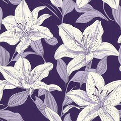 Elegant white lilies on a rich purple background. Seamless pattern design for fabric, wallpaper, or surface design.