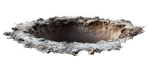 Hole in ground isolated. Deep earth nature land surface texture, dig, pit, burrow, soil