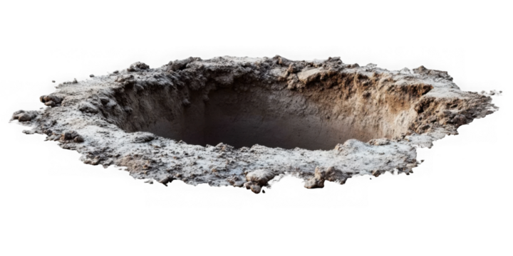 Hole in ground isolated. Deep earth nature land surface texture, dig, pit, burrow, soil
