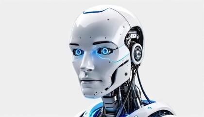 A realistic AI robot with a sad expression, looking downward with soft blue LED lights, highly detailed design, isolated on a white solid background