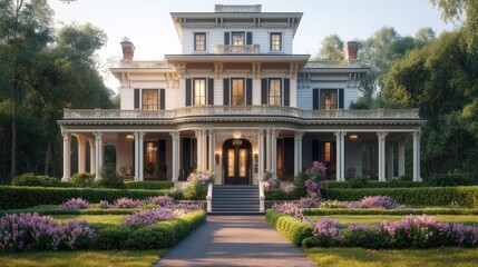 Obraz premium Elegant Historic Mansion in Lush Garden Setting at Sunrise