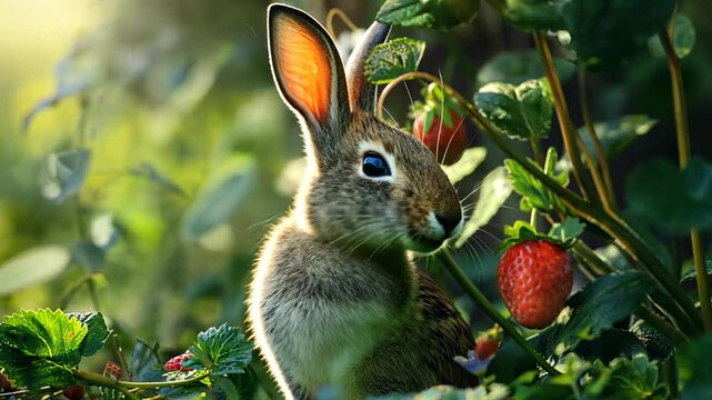 Wild hare eats strawberry in the garden.