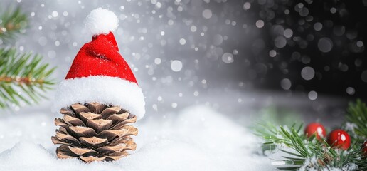 Obraz premium New Year banner. A small pinecone topped with a classic red and white Santa Claus hat evokes the feeling of pleasant winter days and the magic of Christmas and New Year. Copy space.