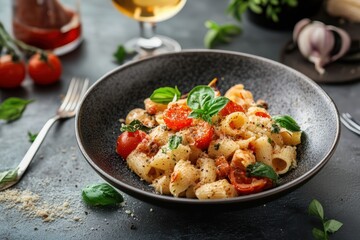 Creamy pasta dish with cherry tomatoes and basil.