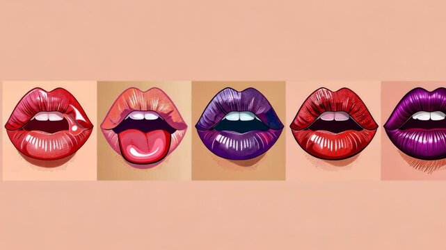 Collage of female lips with different colored lipstick on a soft pastel background.