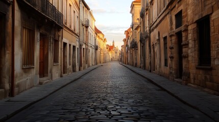 Fototapeta premium Empty cobblestone street in a European city at sunrise