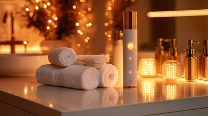 Elegant spa device, bathroom, Christmas lights, skincare routine