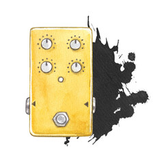 Obraz premium Guitar effect pedal. Watercolor hand drawn illustration of a sound effects pedal. Clipart on the theme of music, sound recording, rock, jazz, blues.