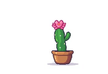 8-bit pixel art of a pixelated cactus with a tiny pink flower, isolated on a white solid background