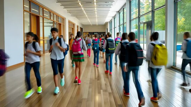 Timelapse with blurred in motion schoolchildren walking along the school corridor. Primary school.