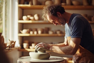 A skilled potter working on a spinning wheel, shaping a clay bowl in a sunlit studio, surrounded by shelves filled with ceramics.