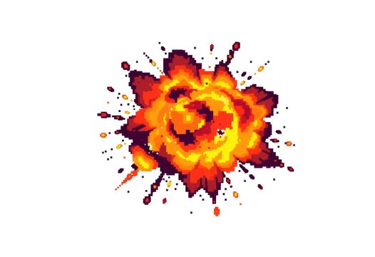 8-bit pixel art of a pixelated explosion with fiery colors, isolated on a white solid background