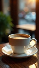 Fototapeta premium Warm breakfast tea in a cafe cup on a wooden table, ceramic, warm, brown