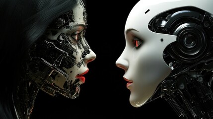 A striking scene of a woman and a robotic figure in opposition, illustrating the confrontation between human emotion and artificial intelligence.