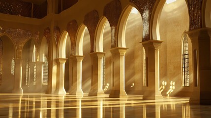 Fototapeta premium Majestic Interior of a Grand Hall with Elegant Arches and Light Rays