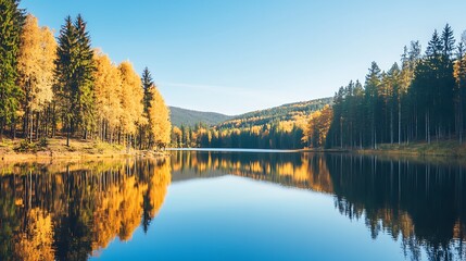 Fototapeta premium Autumnal lake reflecting golden trees and hills