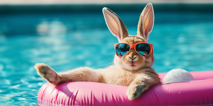 Funny easter bunny or rabbit with sunglasses relaxing on air mattress in the swimming pool. Happy easter concept , holiday vacation, celebration greeting card