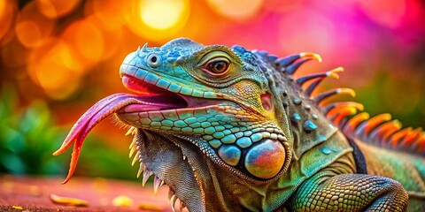 Obraz premium Hilarious Iguana Sticking Out Tongue, Funny Reptile Portrait, Surreal Wildlife Photography