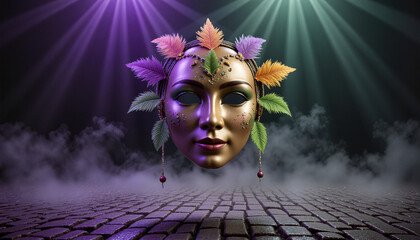 Surreal Mardi Gras mask illuminated in neon colors above a misty cobblestone street
