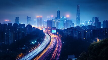 Fototapeta premium Nighttime Cityscape With Light Trails On Highway. Urban Scene With Modern Skyscrapers.