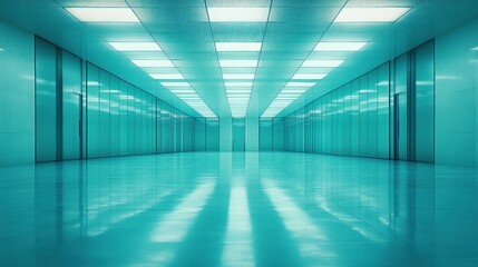 Empty teal hospital corridor, modern sterile interior, illuminated hallway