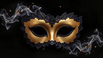 Mysterious Mardi Gras mask with black lace and translucent gold, swirling confetti