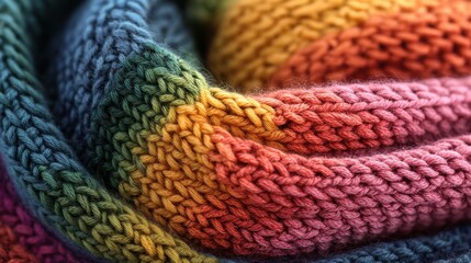 A close-up view of a colorful knitted fabric showcasing a gradient of vibrant hues from green to red.