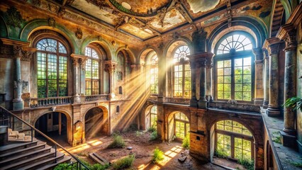 Obraz premium Historic Building Interior: Aerial View of Architectural Details & Decaying Grandeur