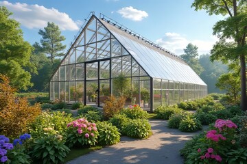Fototapeta premium Modern Glass Greenhouse with Lush Garden Landscaping